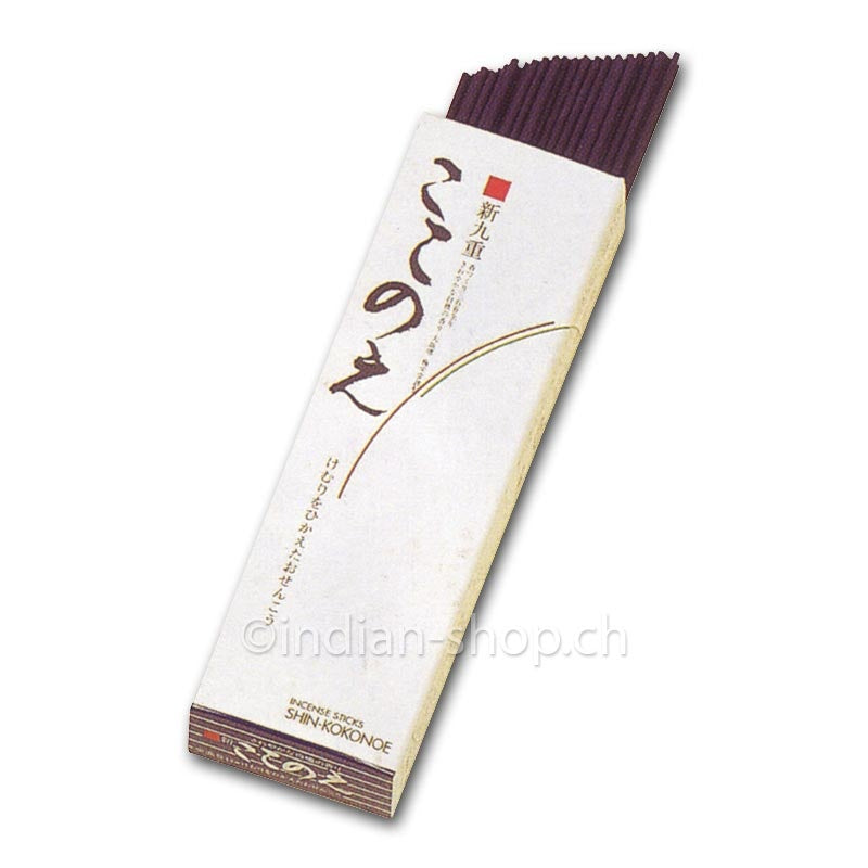 Baieido Shin-Kokonoe – raucharme japanische Räucherstäbchen mit Narzissenduft, helle Verpackung und violette Stäbchen