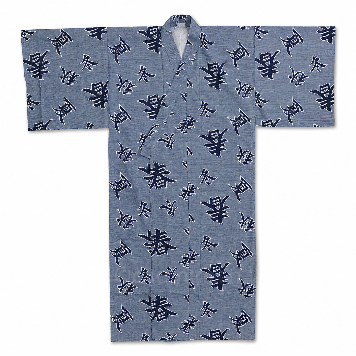 Traditioneller japanischer Herren-Yukata aus grauer Baumwolle mit schwarzen Vier-Jahreszeiten-Kanji-Schriftzeichen.