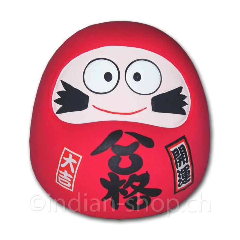 Rote japanische Daruma-Spardose, 9 cm hoch, mit traditionellen Schriftzeichen für Prüfungserfolg und Glück. Dekorative Daruma-Figur aus Japan.