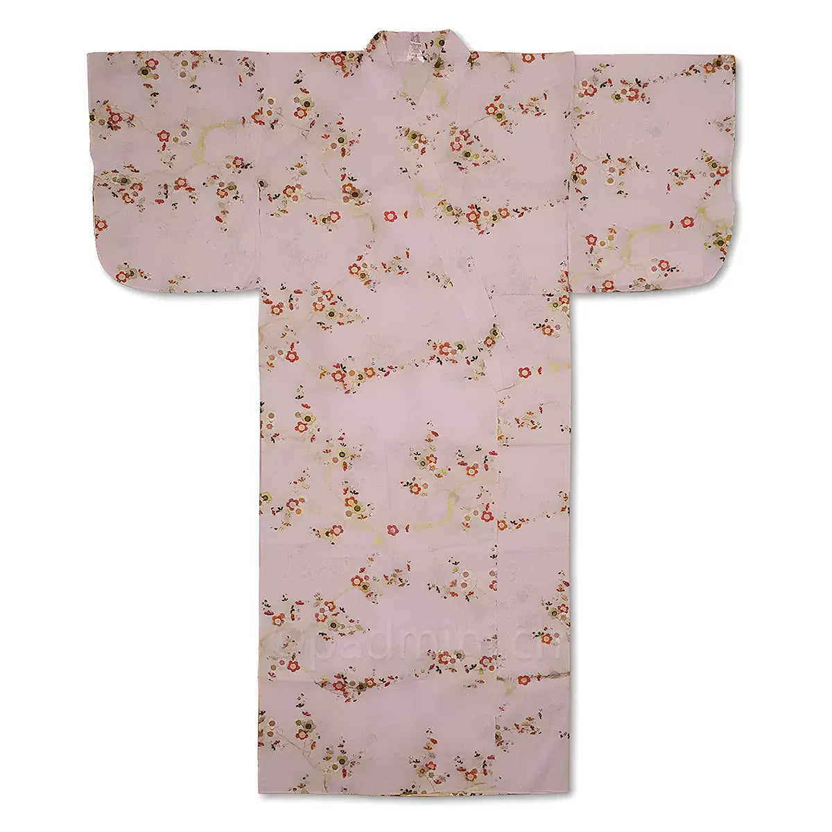 Japanischer Damen-Yukata aus rosa Baumwolle mit Mustern von Pflaumenblüten und goldenen Zweigen der Kollektion Golden Plum, hergestellt in Kyoto.