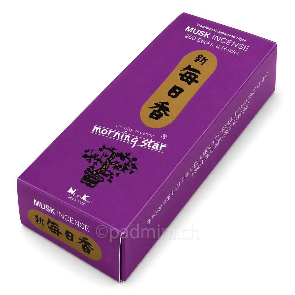 Nippon Kodo Morning Star Musk Räucherstäbchen in der 200-Stück-Packung mit warmem Moschusduft.