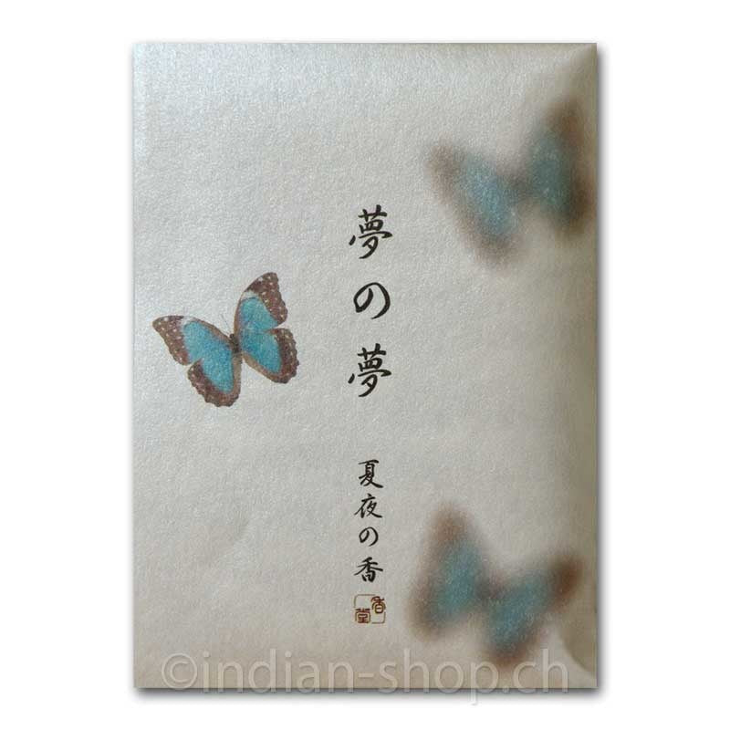 Nippon Kodo Yume no Yume Butterfly Räucherstäbchen mit blauen Schmetterlingen auf der Verpackung