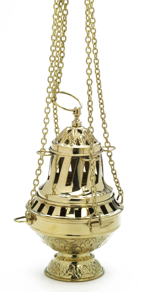 Verziertes Kirchenrauchfass aus Messing mit langen Ketten 24 cm