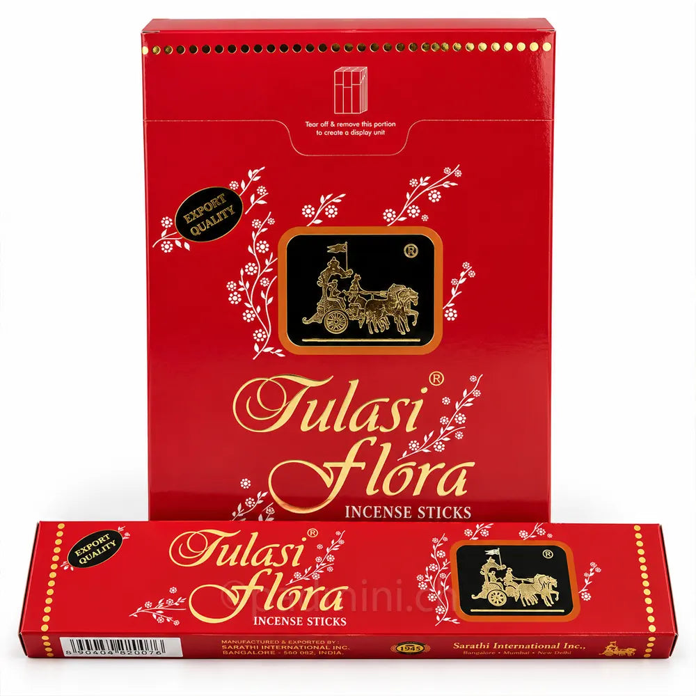 Indische Sarathi Tulasi Flora Masala Räucherstäbchen in roter Originalverpackung mit Displaybox.
