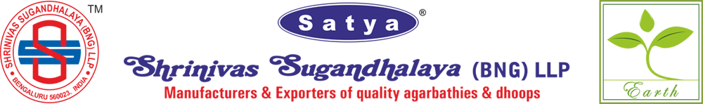 Rückseite der originalen Satya Nag Champa Packung von Shrinivas Sugandhalaya (BNG) LLP mit Herstellerlogo und Kennzeichnung.