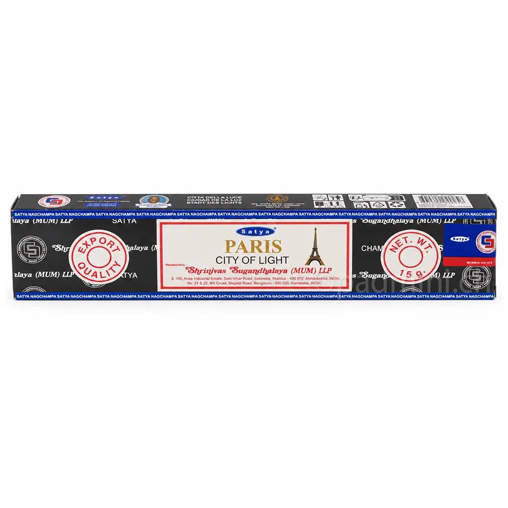 Satya Paris City of Light MUM Räucherstäbchen 15 g in schwarzer Verpackung mit Eiffelturm-Motiv, Einzelpackung und Displaykarton