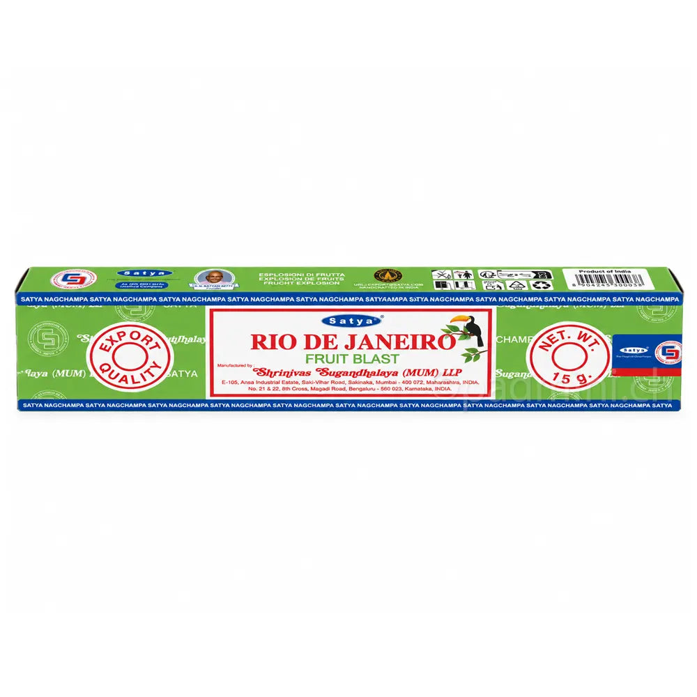Satya Rio de Janeiro Fruit Blast MUM Räucherstäbchen 15 g in grüner Verpackung mit tropischem Motiv, Einzelpackung und Displaykarton
