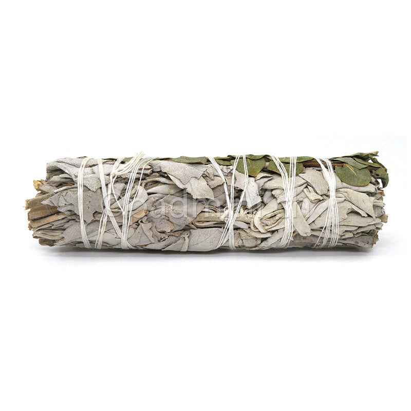 Zylindrisches Räucherbündel aus Weissem Salbei und Eukalyptus, ca. 10 cm lang, mit graugrünen Blättern und weisser Schnur gebunden