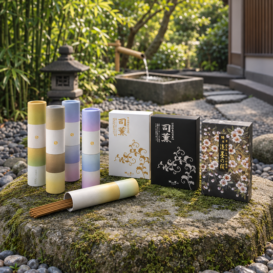Japanische Räucherstäbchen von Nippon Kodo in pastellfarbenen Röhren und dekorativen Schachteln auf einem moosbewachsenen Stein im japanischen Garten