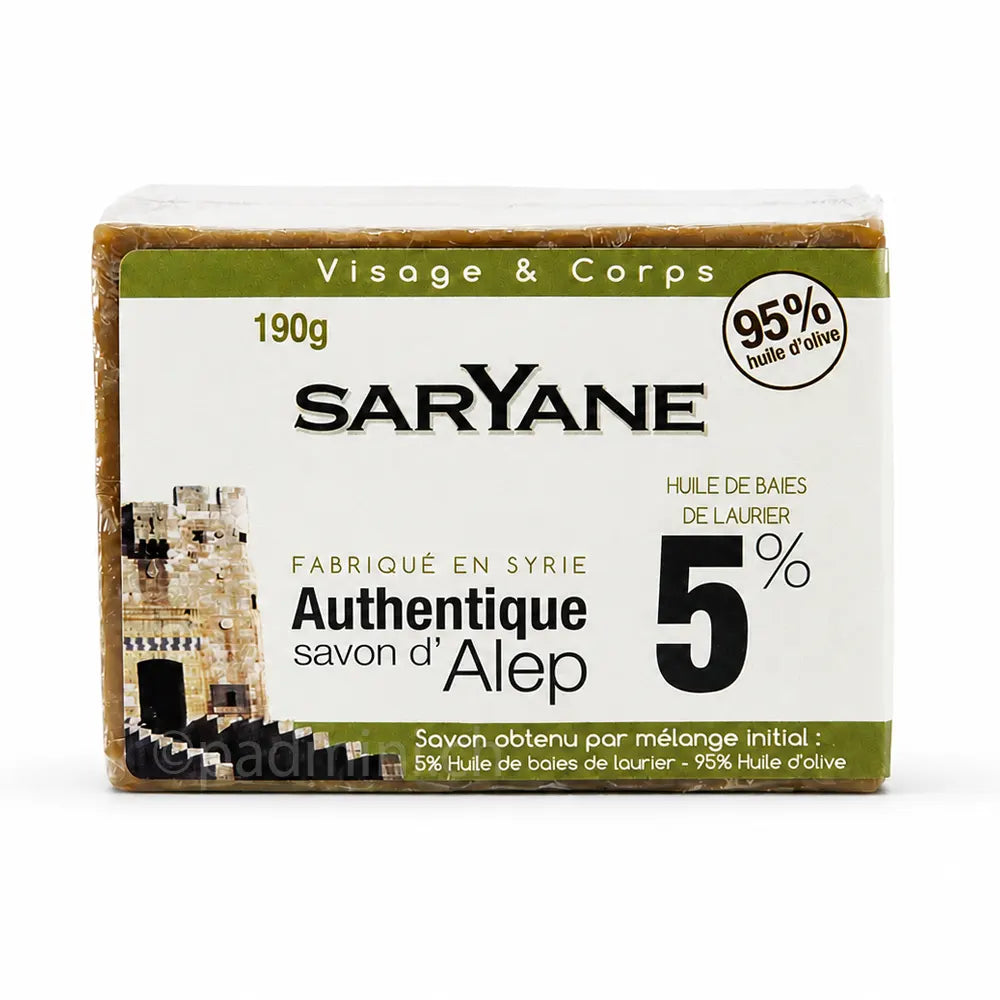 Traditionelle Aleppo-Seife Saryane mit 5 % Lorbeerbeerenöl aus Syrien, 190 g