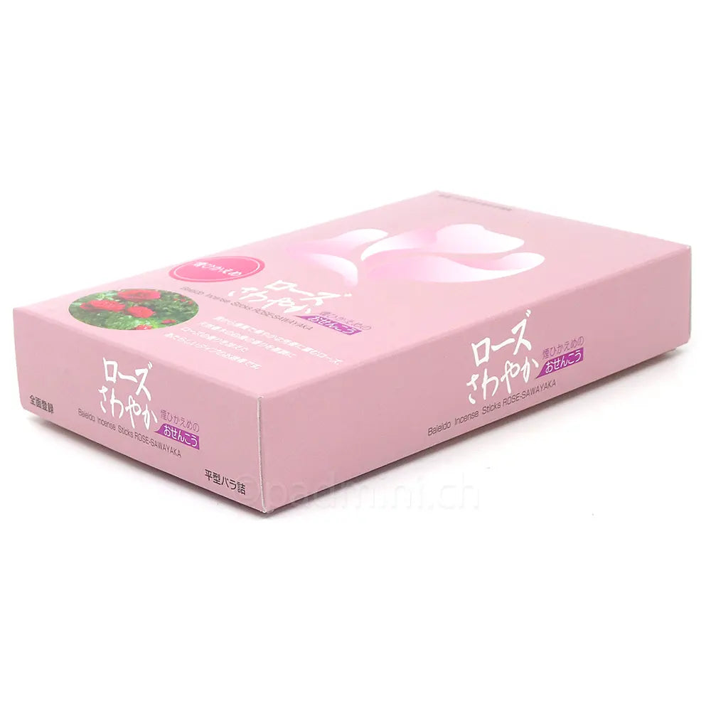 Baieido Rose Sawayaka – rosa Originalverpackung japanischer Räucherstäbchen mit stilisierter Rosenblüte und Rosenmotiv, 100 g