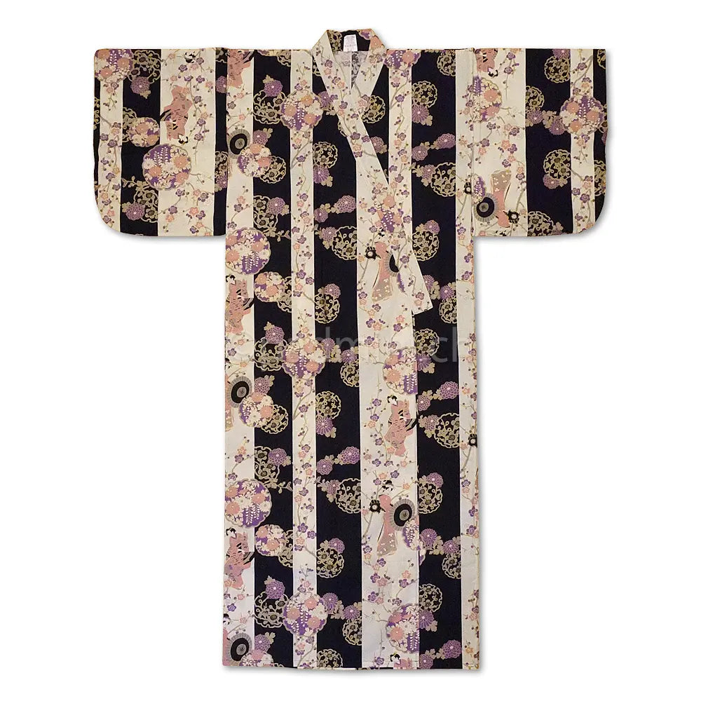 Damen-Yukata aus Kyoto aus Baumwolle mit Geisha- und Blumenmotiven in Dunkelblau und Beige