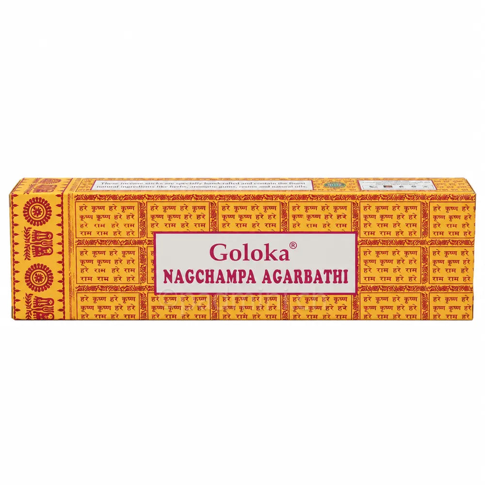Goloka Nag Champa Räucherstäbchen 100 g in der charakteristischen gelb-orangen Verpackung mit rotem Goloka-Schriftzug und indischen Ornamenten