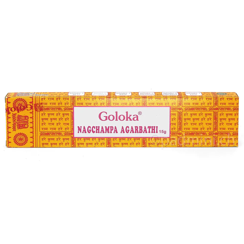 Goloka Nag Champa Räucherstäbchen 15 g in der charakteristischen gelb-orangen Verpackung mit rotem Goloka-Schriftzug und indischen Ornamenten