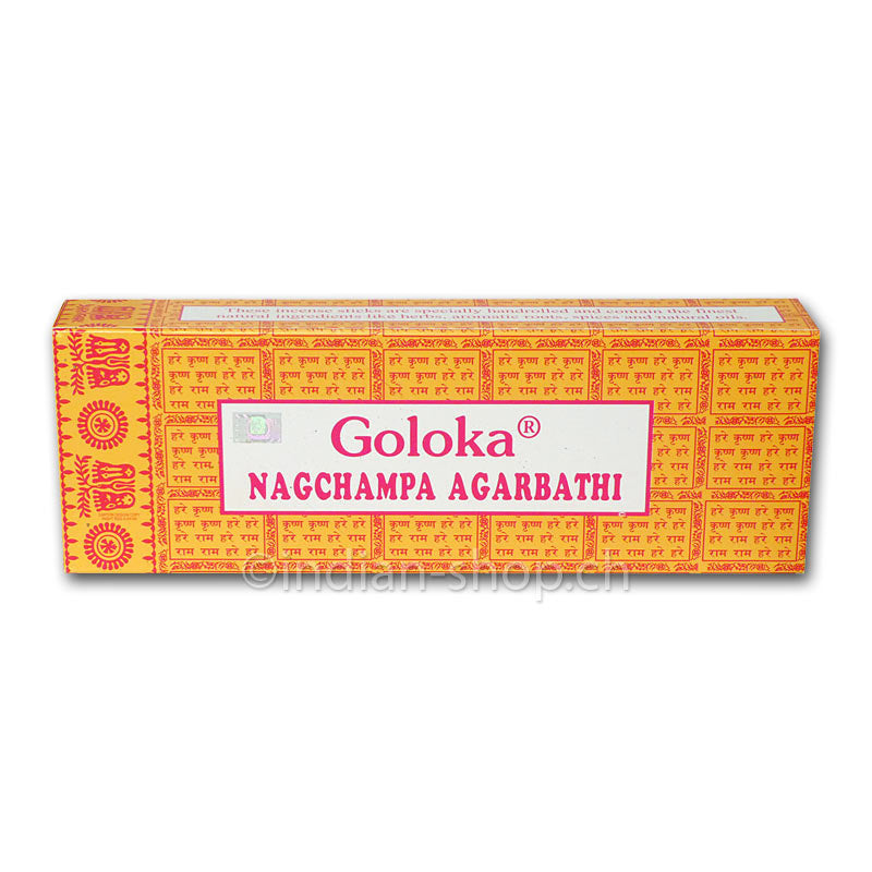 Goloka Nag Champa Räucherstäbchen 250 g in grosser gelb-oranger Verpackung mit rotem Goloka-Schriftzug und traditionellen indischen Ornamenten