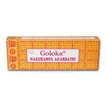 Goloka Nag Champa Räucherstäbchen 250 g in grosser gelb-oranger Verpackung mit rotem Goloka-Schriftzug und traditionellen indischen Ornamenten