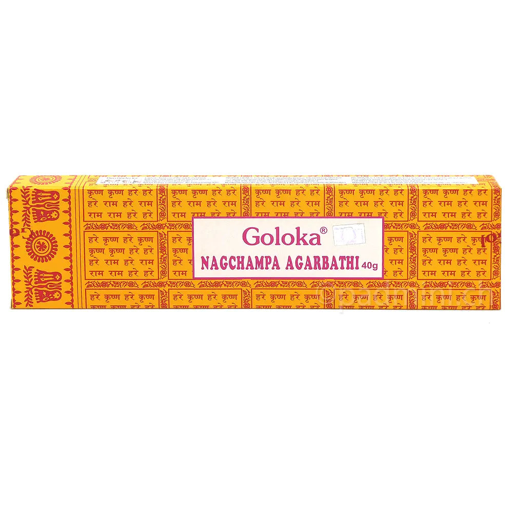 Goloka Nag Champa Räucherstäbchen 40 g in gelb-oranger Verpackung mit rotem Goloka-Schriftzug und traditionellen indischen Ornamenten