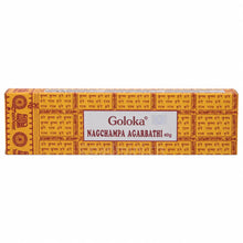 Goloka Nag Champa Räucherstäbchen 40 g in gelb-oranger Verpackung mit rotem Goloka-Schriftzug und traditionellen indischen Ornamenten