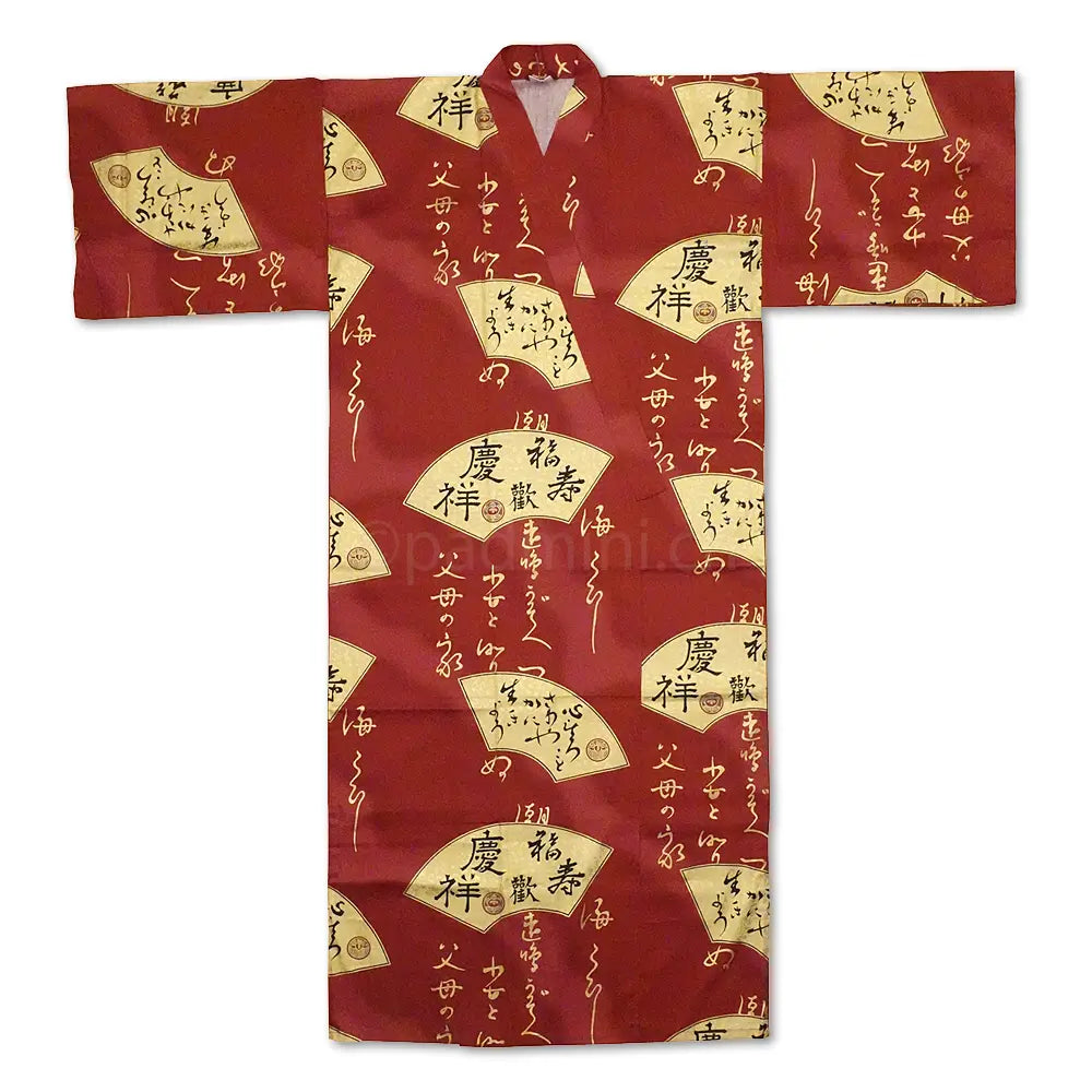 Traditioneller japanischer Herren Kimono aus Baumwollsatin mit goldenen Fächern, hergestellt in Kyoto.