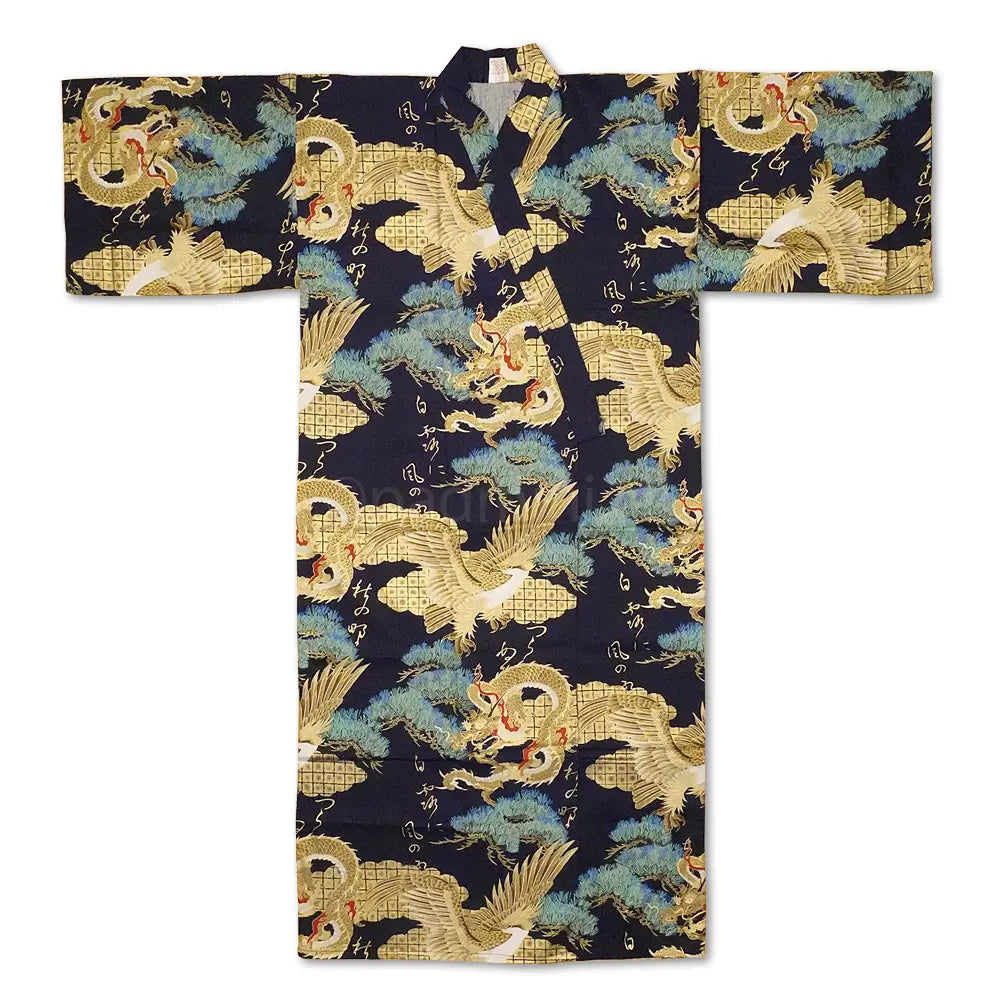 Blauer japanischer Herrenkimono aus Baumwollsatin mit traditionellem Drachen- und Adler-Aufdruck, hergestellt in Japan.