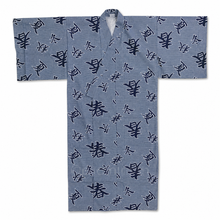 Traditioneller japanischer Herren-Yukata aus grauer Baumwolle mit schwarzen Vier-Jahreszeiten-Kanji-Schriftzeichen.