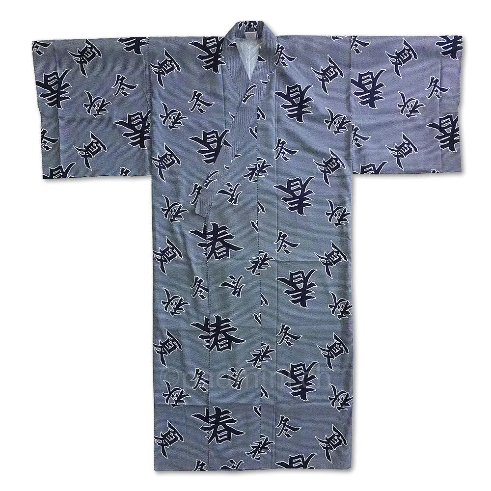 Traditioneller japanischer Herren-Yukata aus grauer Baumwolle mit schwarzen Vier-Jahreszeiten-Kanji-Schriftzeichen.