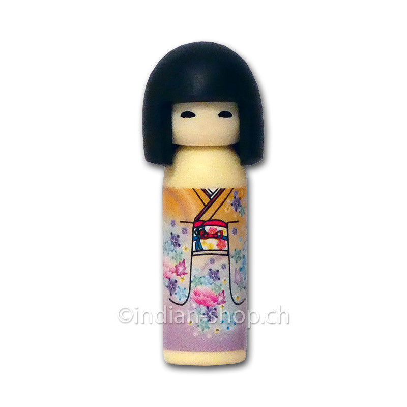 Iwako Radiergummi in Form einer japanischen Kokeshi-Puppe mit gelb-lila Kimono und floralem Muster, Höhe 4,5 cm.