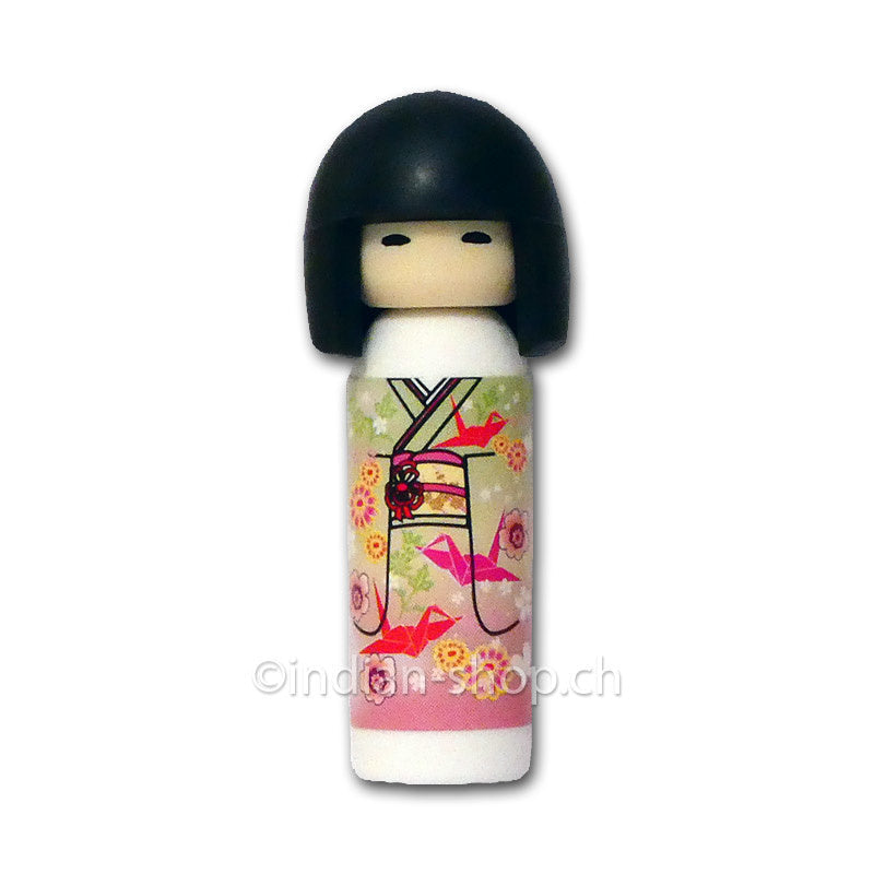 Iwako Radiergummi in Form einer japanischen Kokeshi-Puppe mit grün-rosa Kimono, Blumen- und Origami-Kranichmotiven, Höhe 4,5 cm.
