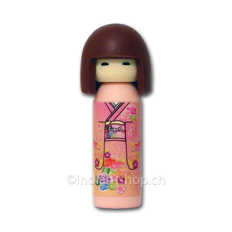 Iwako Radiergummi in Form einer japanischen Kokeshi-Puppe mit rosa Kimono und Blumenmuster, Höhe 4,5 cm.