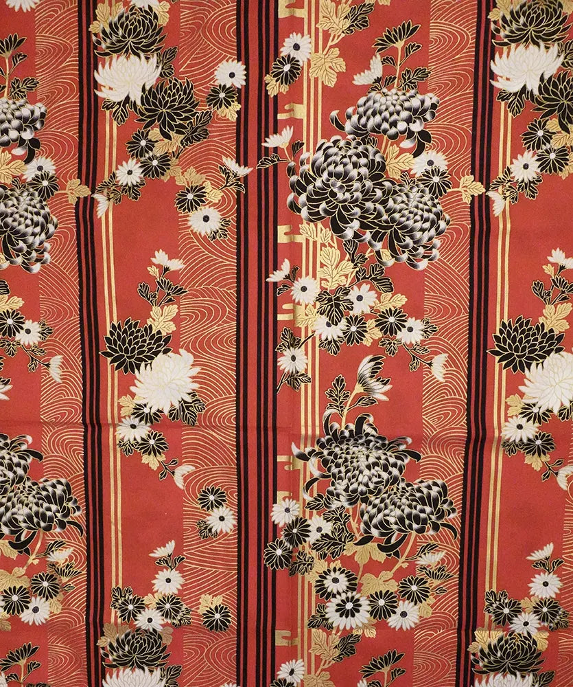 Women’s yukata, cotton with a chrysanthemum print on a red background.