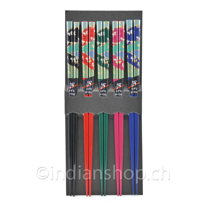 Japanische Essstäbchen B-213 von Sunlife, 5 Paar aus Holz in Schwarz, Rot, Grün, Rosa und Blau