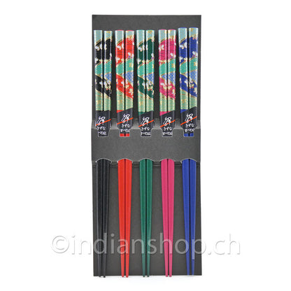 Japanische Essstäbchen B-213 von Sunlife, 5 Paar aus Holz in Schwarz, Rot, Grün, Rosa und Blau