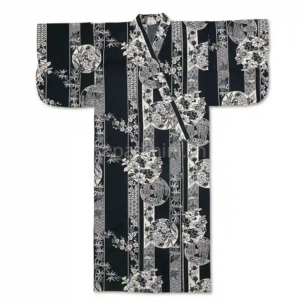 Marineblauer japanischer Yukata für Damen mit weissen Blumen- und Kreisornamenten.