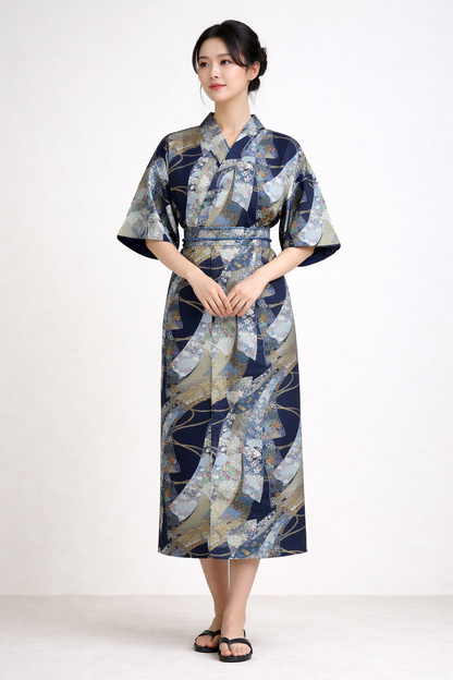 Getragener japanischer Yukata in Dunkelblau und Hellblau mit floralem Muster und passendem Gürtel.