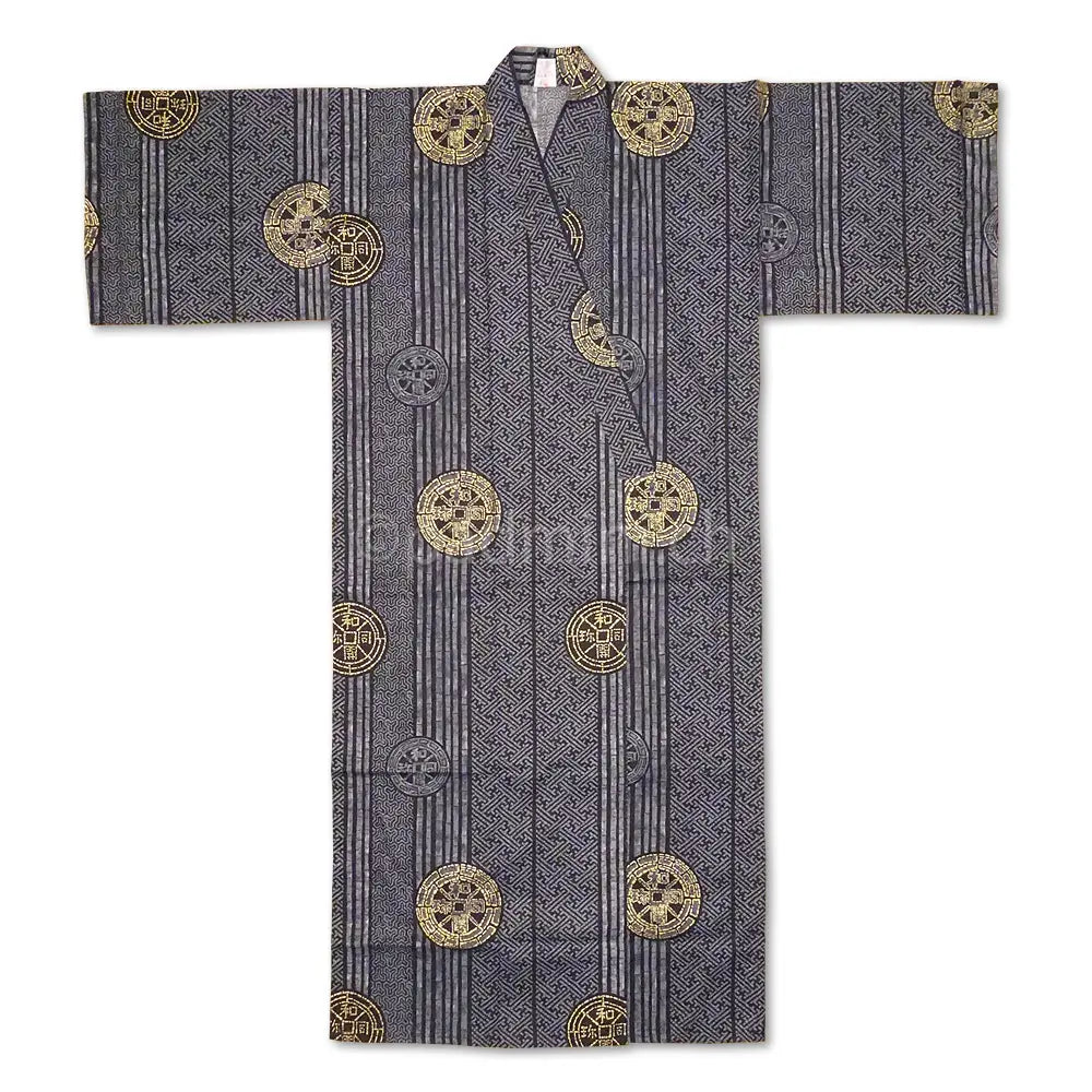 Japanischer Baumwoll-Yukata für Herren in Grau und Schwarz mit goldfarbenen antiken Münzmotiven.