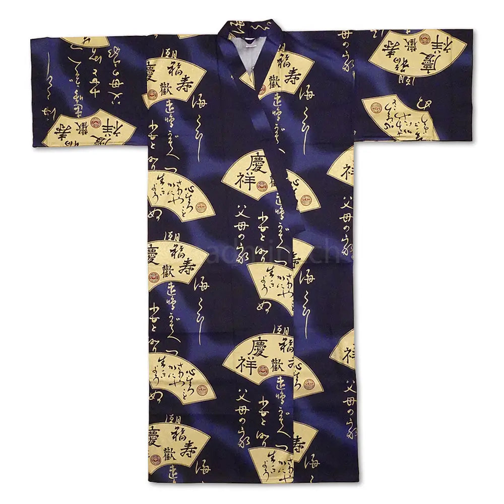 Kimono traditionnel homme en satin de coton motif éventails dorés fabriqué à Kyoto.