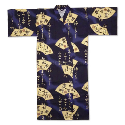 Kimono traditionnel homme en satin de coton motif éventails dorés fabriqué à Kyoto.