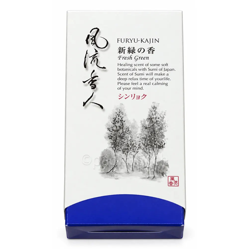 Kunjudo Furyu-Kajin Fresh Green – weisse Originalpackung japanischer Räucherstäbchen mit Kalligrafie und Baumillustration