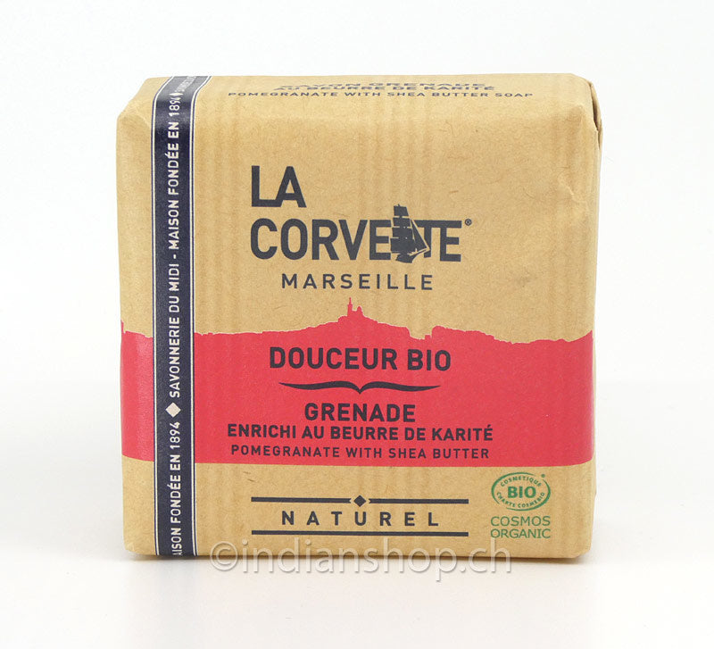 Bio-Duftseife La Corvette Marseille mit Granatapfel und Sheabutter, 100 g, COSMOS ORGANIC zertifiziert.