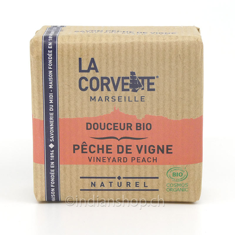 Bio-Duftseife La Corvette Marseille mit Weinbergpfirsich, 100 g, COSMOS ORGANIC zertifiziert.