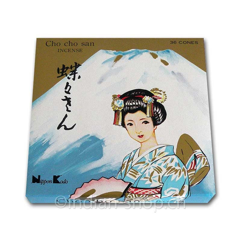 Nippon Kodo Cho Cho San – japanisches Räucherkegel-Set mit 36 Kegeln in vier Duftrichtungen, dekorative Schachtel mit Fuji und japanischer Frau im Kimono