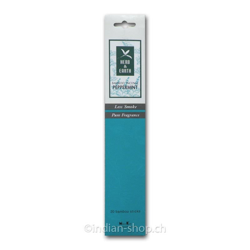 Nippon Kodo Herb & Earth Peppermint, Verpackung mit grünem Logo und türkisblauem Unterteil, 20 raucharme Räucherstäbchen
