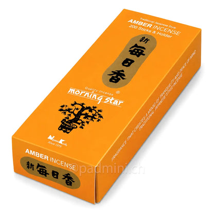 Nippon Kodo Morning Star Amber Räucherstäbchen in der 200-Stück-Packung mit warmem Amberduft.