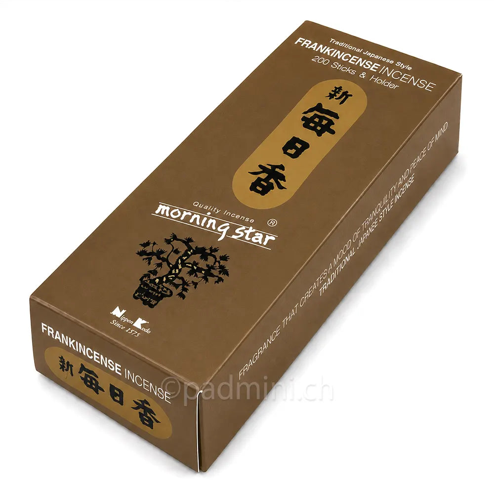 Nippon Kodo Morning Star Frankincense Räucherstäbchen in der 200-Stück-Packung mit warmem Weihrauchduft.