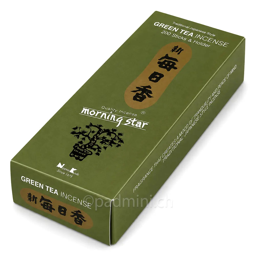 Nippon Kodo Morning Star Green Tea Räucherstäbchen in der 200-Stück-Packung mit frischem Grünteeduft.
