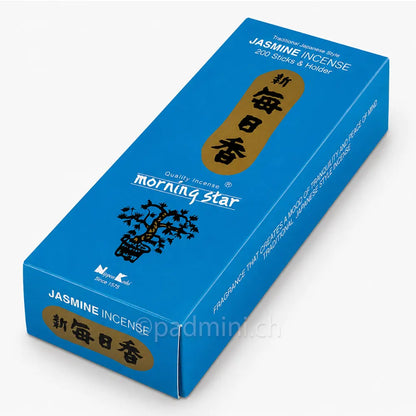 Nippon Kodo Morning Star Jasmine Räucherstäbchen in der 200-Stück-Packung mit blumigem Jasminduft.
