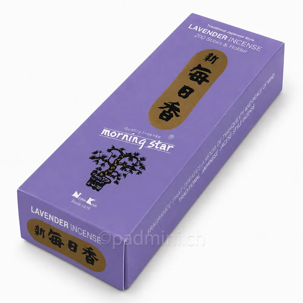 Nippon Kodo Morning Star Lavender Räucherstäbchen in der 200-Stück-Packung mit Lavendelduft.