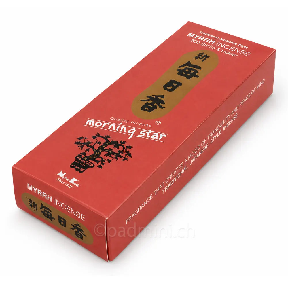 Nippon Kodo Morning Star Myrrhe Räucherstäbchen in der 200-Stück-Packung mit warmem Myrrheduft.