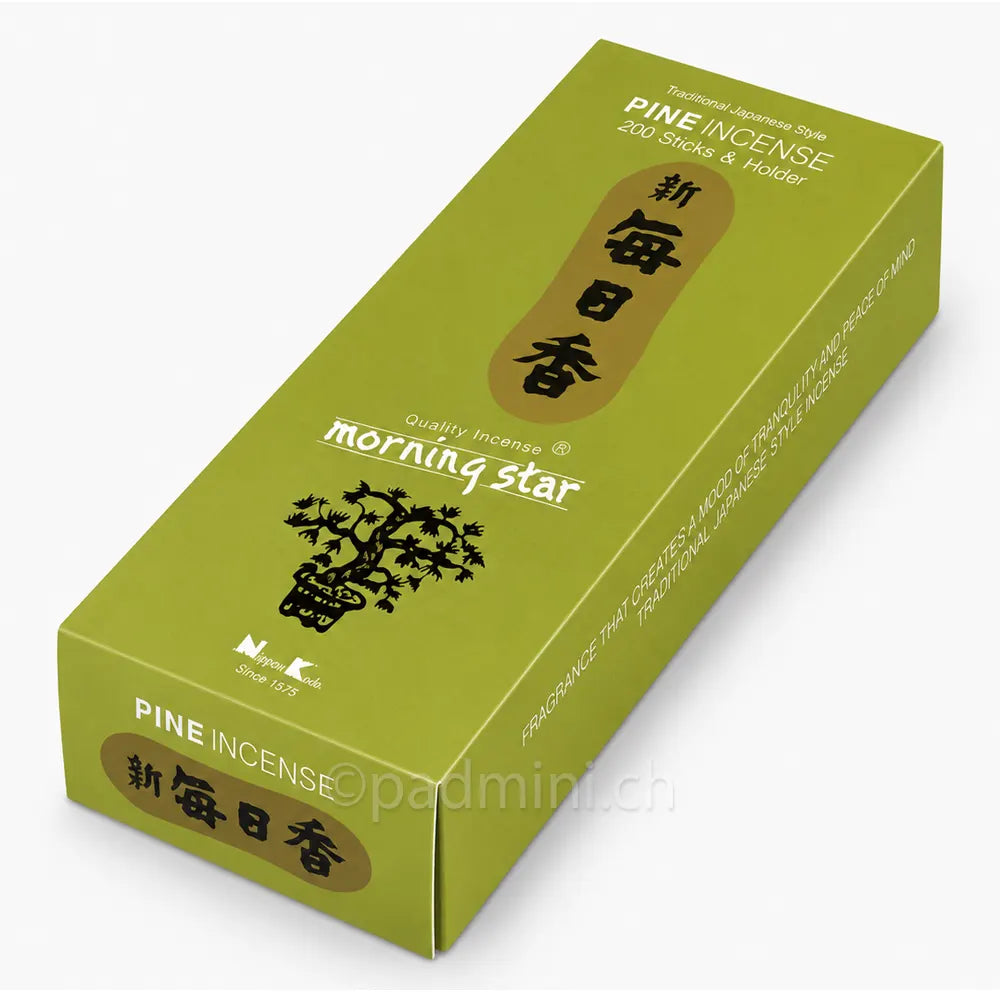 Nippon Kodo Morning Star Pine Räucherstäbchen in der 200-Stück-Packung mit frischem Kiefernduft.