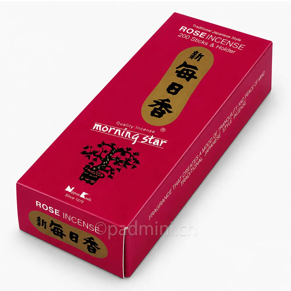 Nippon Kodo Morning Star Rose Räucherstäbchen in der 200-Stück-Packung mit floralem Rosenduft.